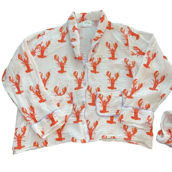 Sara Fitz Womens Pajama Set Size 3X White Lobster Print Casual Pure Cotton - Picture 3 of 8